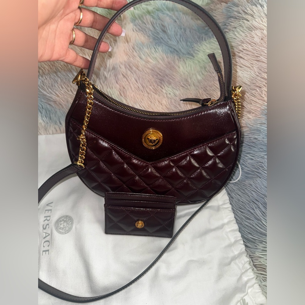 Versace burgundy Quilted Shoulder Bag with  card holder